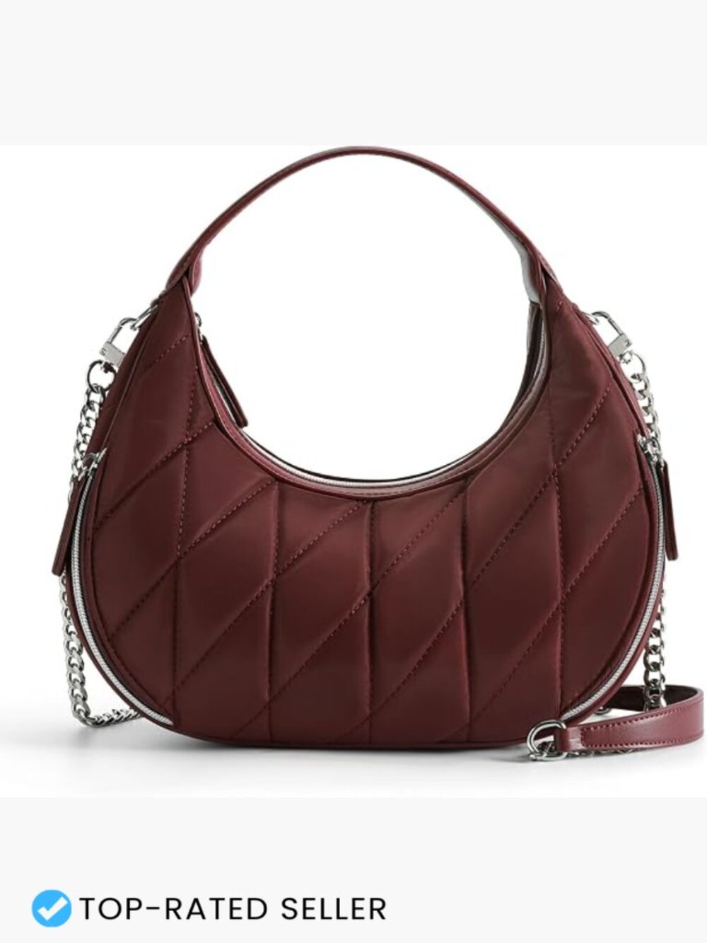 Quilted Crescent Shoulder Bag Lightweight Nylon Crossbody Hobo Purse with Chain